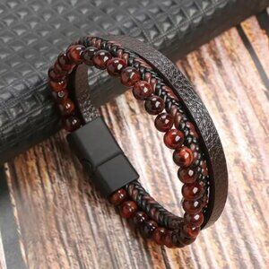 Burgundy Leather Bracelet, Hand-woven bracelet, Mens Leather Bracelet
